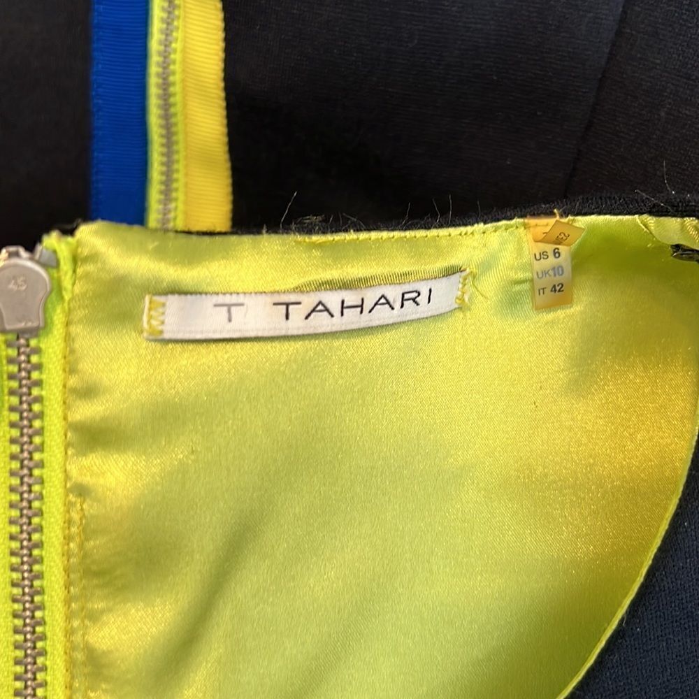 T Tahari navy blue sheath w/print band green & blue zipper & green lining - Picture 12 of 15